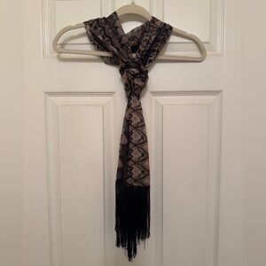 Cejon | Women’s Tan and Black Floral Scarf with Fringe